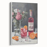 Vintage poster art of colorful cocktails on a black background, framed canvas, ideal for living room decor.