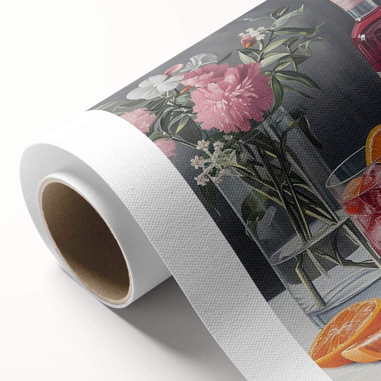 Art Deco poster featuring a stylized cocktail glass, rendered in vibrant orange and yellow hues on a rolled canvas.