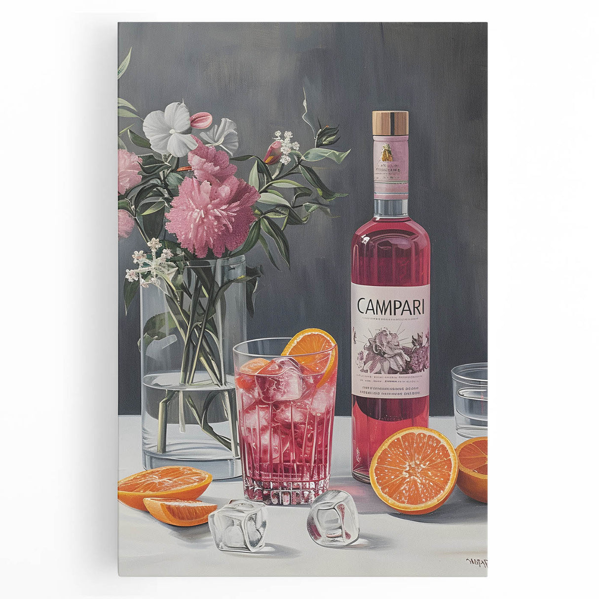 Black and white stretched canvas featuring an assortment of beverages and fruits, ideal for kitchen wall art.