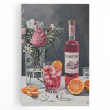 Black and white stretched canvas featuring an assortment of beverages and fruits, ideal for kitchen wall art.