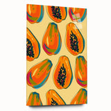 Large abstract wall art featuring assorted fruits in vivid colors on acrylic glass, ideal for bedroom or dining room decor.