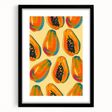 Extra large abstract art print of colorful fruits, textured on a black framed canvas, ideal for living room decor.