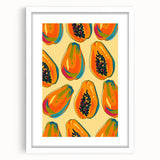 Abstract art print featuring assorted fruits in vibrant colors on a white framed canvas, ideal for dining room decor.