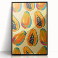 Large abstract wall art featuring assorted fruits in vivid colors on a black acrylic framed print.