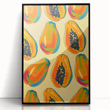 Large abstract wall art featuring assorted fruits in vivid colors on a black acrylic framed print.