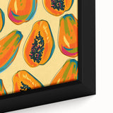 Close-up of a black framed canvas featuring a textured, colorful depiction of various fruits.