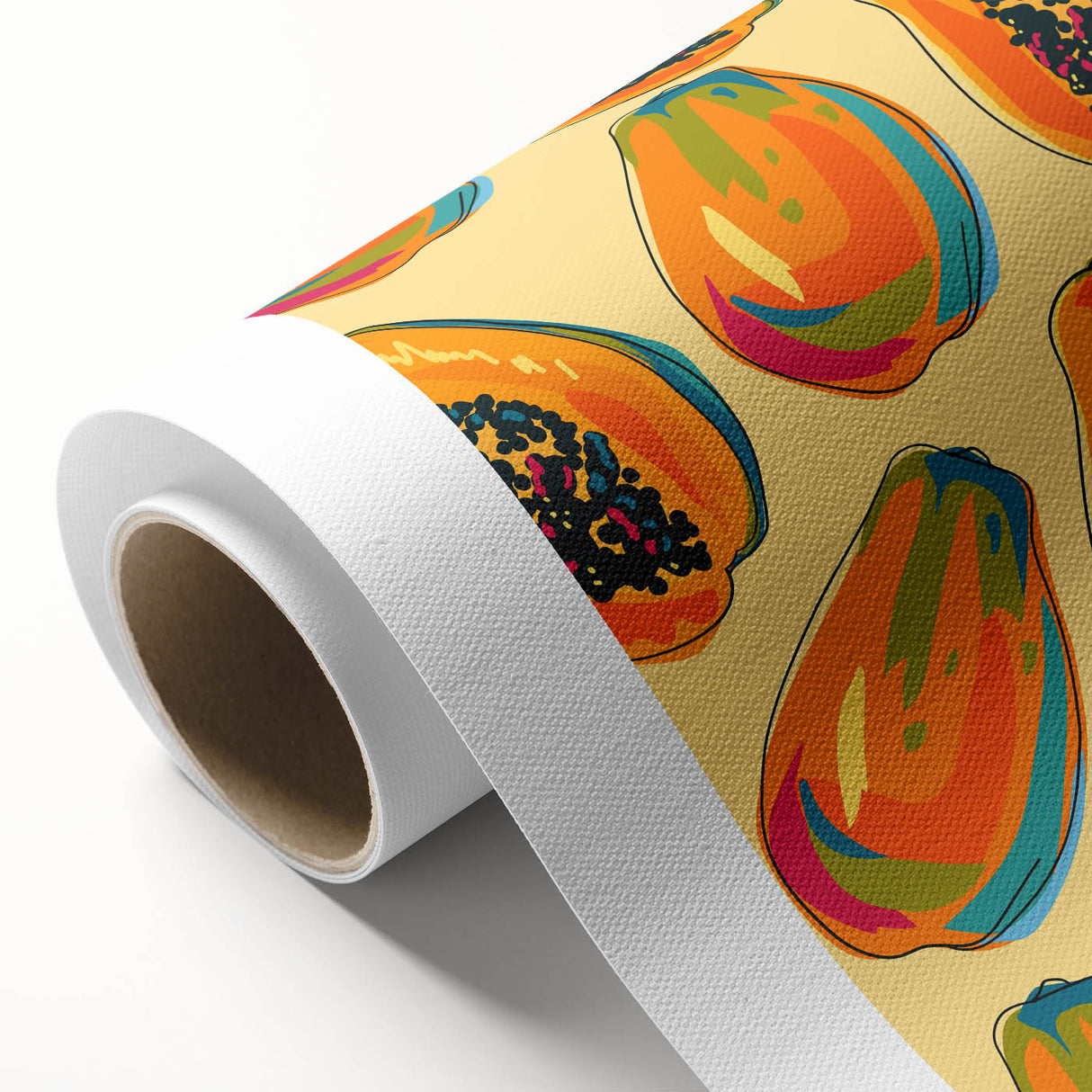 Art Deco style poster of assorted fruits in vibrant colors on rolled canvas, ideal for nursery wall art or dining room decor.