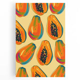 Black and white stretched canvas featuring a variety of fruits, ideal for kitchen wall art.