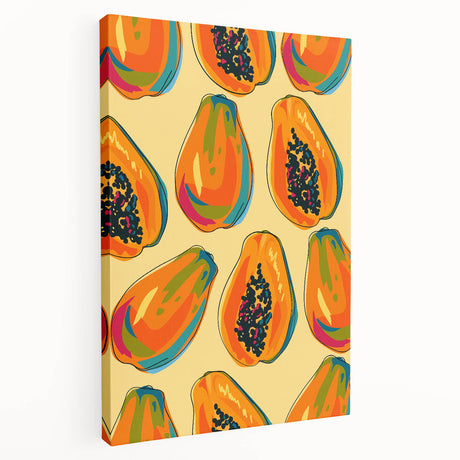 Large art depicting assorted fruits in vibrant colors on stretched canvas, ideal for kitchen wall decor.