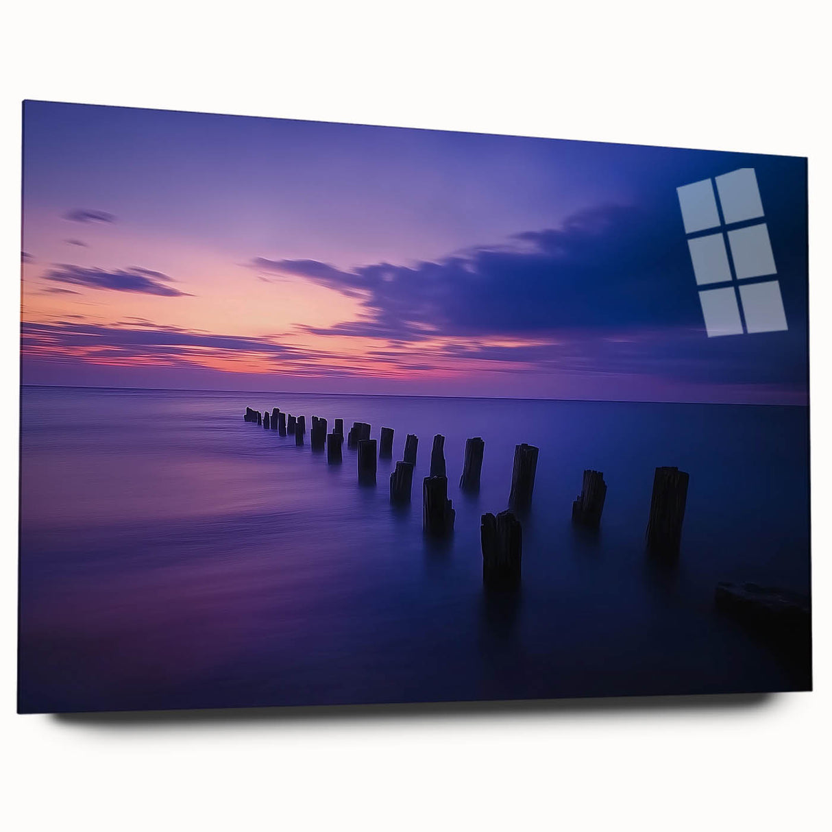 Acrylic landscape artwork of serene beaches displayed from a side view, showcasing vibrant colors and smooth glass finish, ideal for modern home decor.