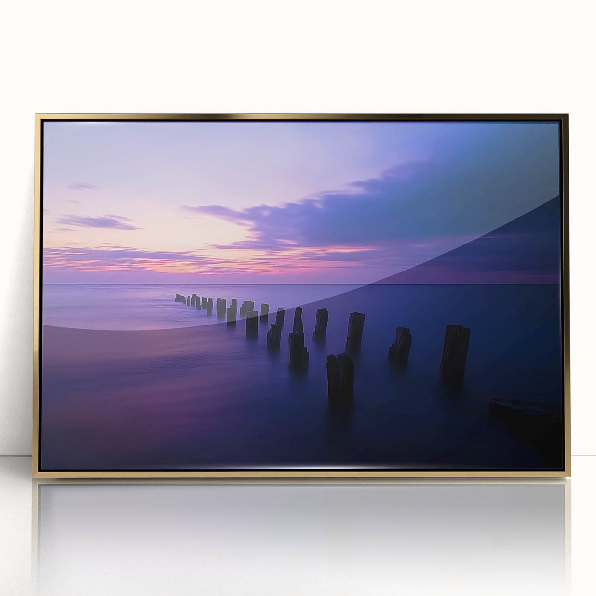 Framed acrylic artwork depicting a serene beach landscape with golden accents, perfect for coastal-themed decor. Vibrant colors enhance any room's ambiance.