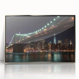 Framed acrylic artwork showcasing a serene landscape bridge scene with silver accents, ideal for modern home decor, enhancing any living space with elegance.