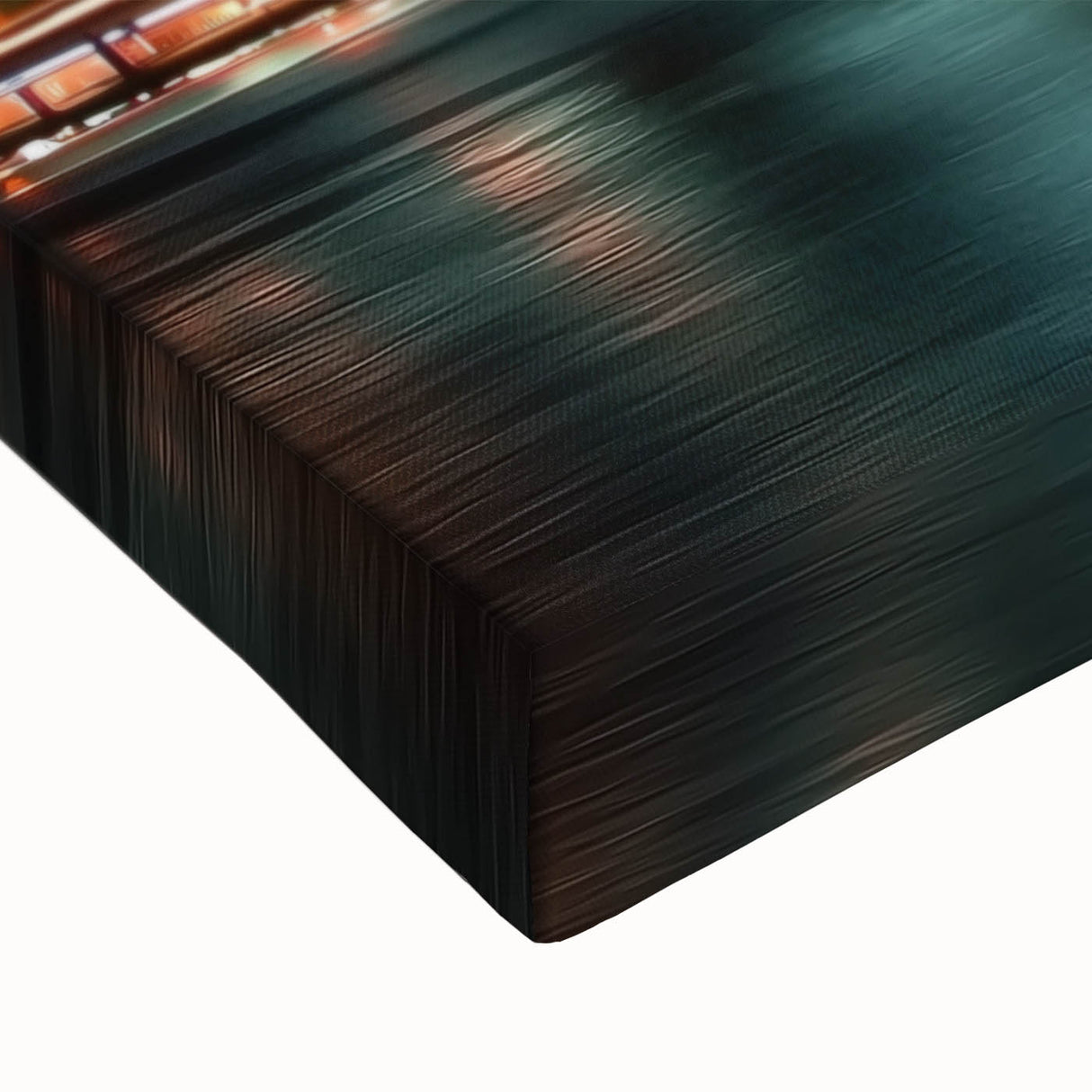Close-up of a stretched canvas artwork depicting a serene landscape bridge scene with vibrant colors and intricate details, perfect for home décor enhancement.