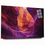 Acrylic glass artwork displaying a stunning landscape of colorful canyons, showcasing vibrant hues and intricate details from a side view, perfect for home decor.