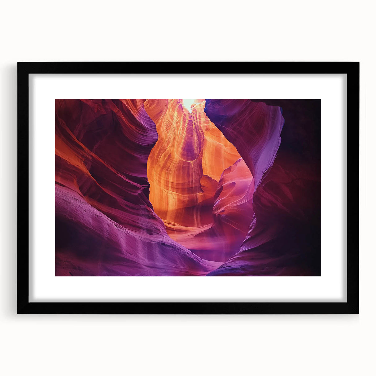 Framed landscape artwork showcasing a stunning canyon scene, featuring a black mat and sleek frame, perfect for enhancing modern home decor.