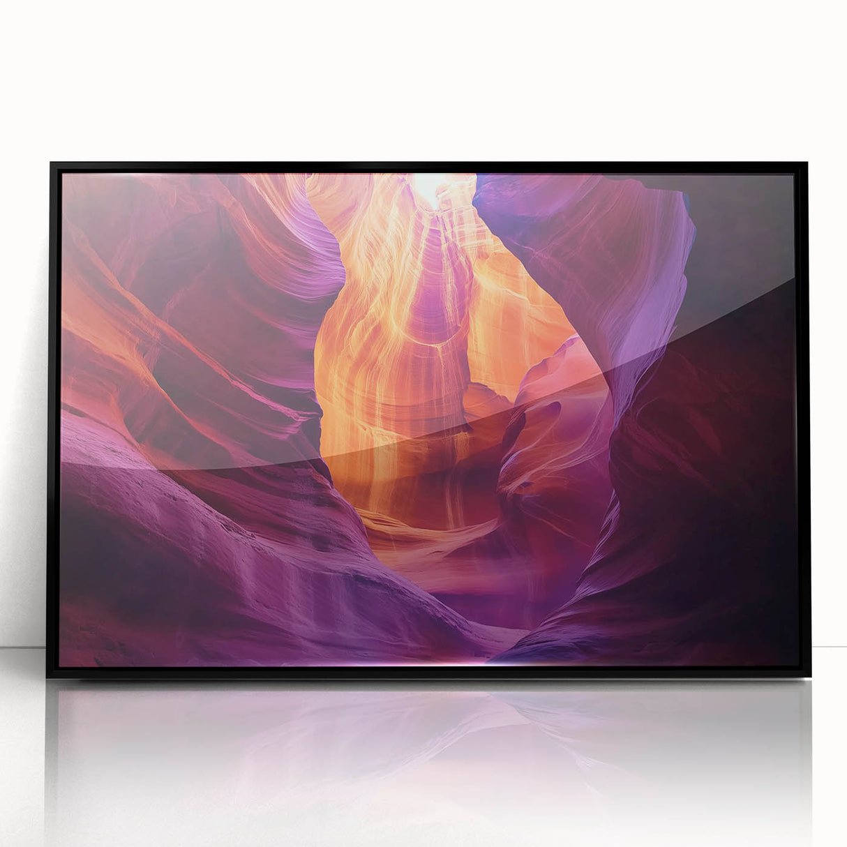 Framed acrylic artwork showcasing a stunning landscape of canyons, featuring rich earth tones and dramatic rock formations, ideal for modern home decor.