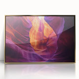 Framed acrylic artwork titled "Design 99" showcasing vibrant landscape canyons in gold tones, perfect for modern home decor and gallery wall displays.