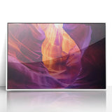 Framed acrylic landscape artwork depicting vibrant canyons in rich earth tones, set in a sleek white frame, ideal for modern home decor and nature enthusiasts.