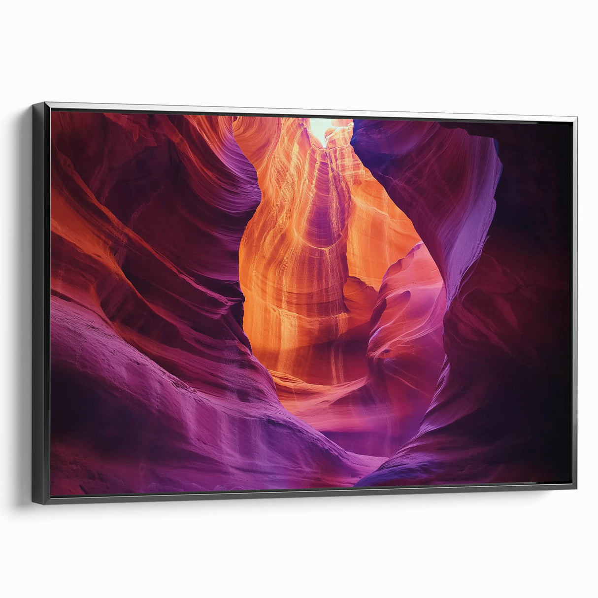 Framed canvas art showcasing a stunning landscape of vibrant canyons with rich colors, displayed in a sleek black frame, perfect for modern home decor.