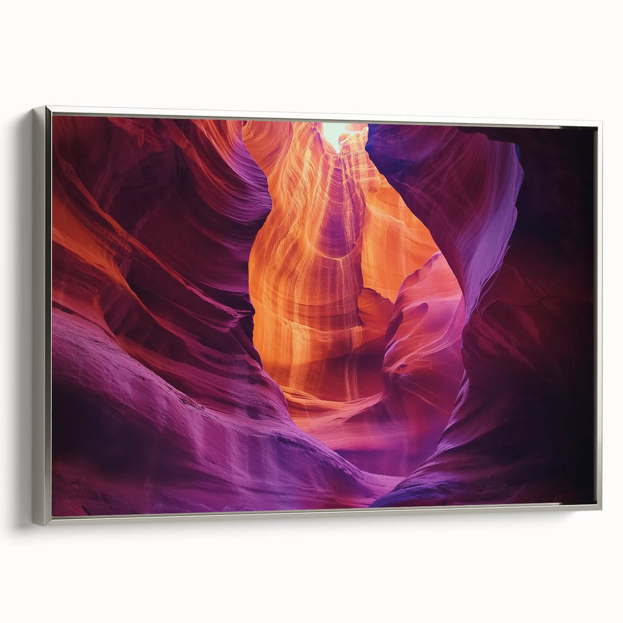 Framed landscape canvas showcasing a stunning canyon view with silver accents, perfect for home decor and art enthusiasts. Ideal for adding elegance to any space.