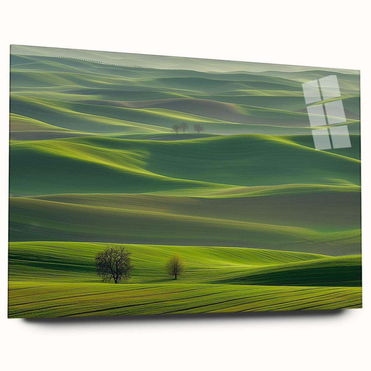 Acrylic landscape artwork depicting a serene countryside scene with vibrant colors, showcased in a sleek glass frame, emphasizing depth and detail. Ideal for nature enthusiasts.