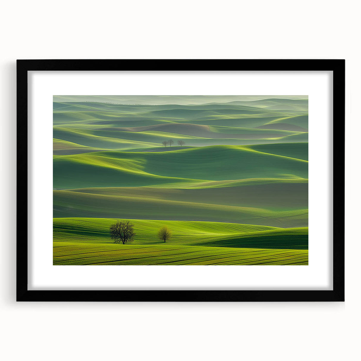 Countryside landscape framed artwork in a black mat, showcasing vibrant green fields and a clear blue sky, perfect for enhancing home decor with rustic charm.