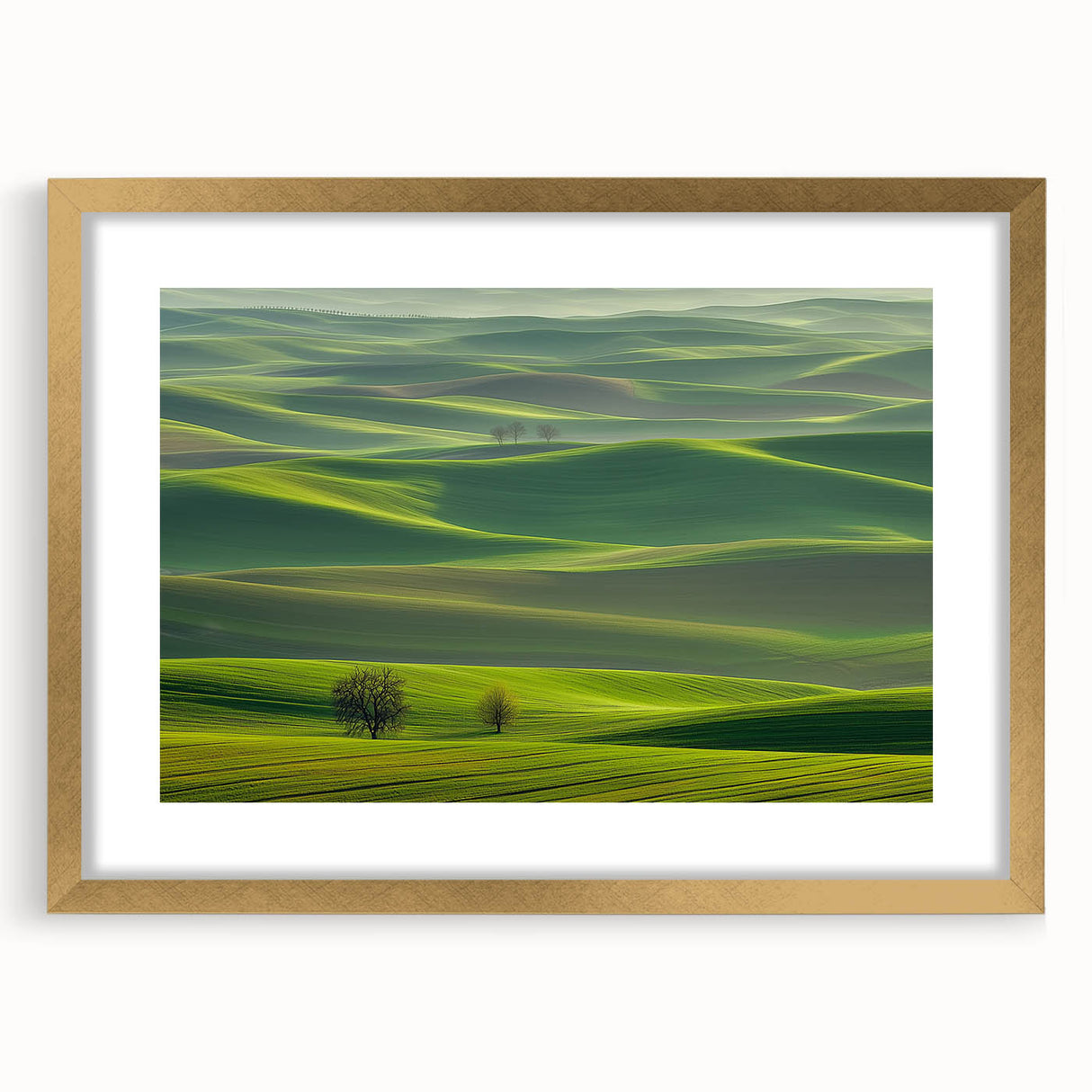 Gold-framed landscape art print featuring a serene countryside scene with lush greenery and rolling hills, perfect for enhancing home decor and creating a tranquil atmosphere.
