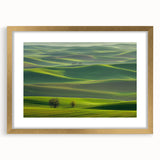 Gold-framed landscape art print featuring a serene countryside scene with lush greenery and rolling hills, perfect for enhancing home decor and creating a tranquil atmosphere.