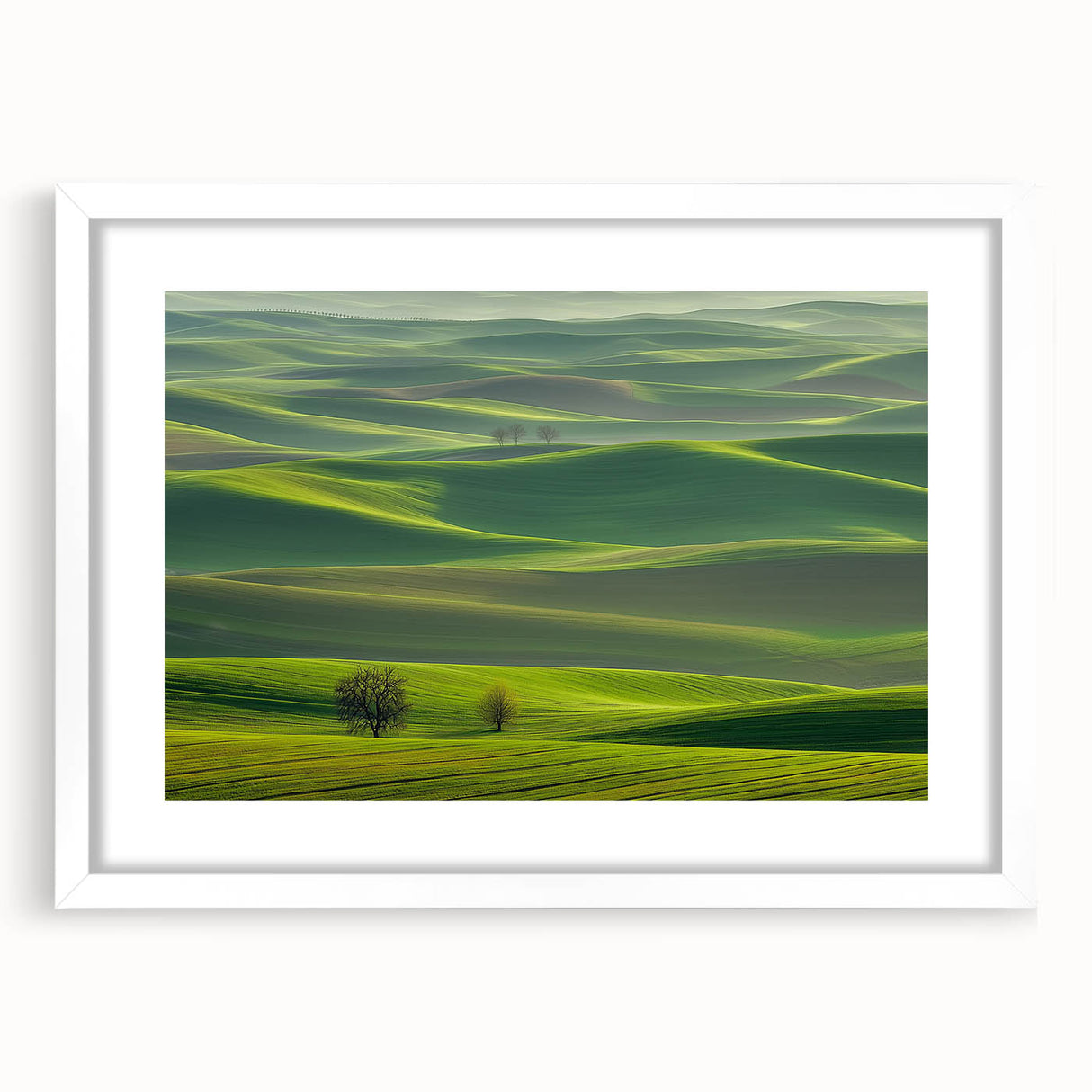 Framed landscape artwork depicting a serene countryside scene with vibrant greenery and soft blue skies, featuring a white mat for a polished look. Ideal for enhancing home decor.