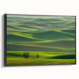 Framed canvas print showcasing a serene countryside landscape with rolling hills and a vibrant sky, featuring a sleek black frame for modern decor enhancement.