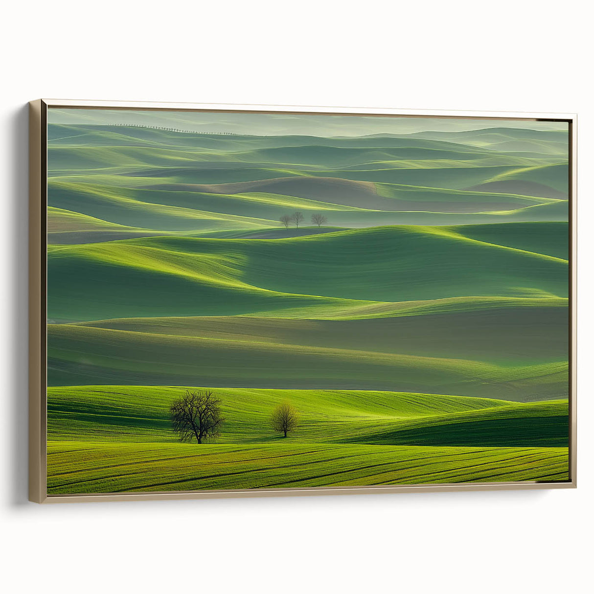 Framed canvas art depicting a serene countryside landscape with golden accents, showcasing vibrant colors and detailed scenery, ideal for home decor enhancement.