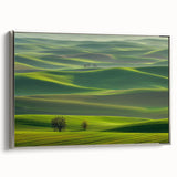 Framed canvas artwork showcasing a serene countryside landscape with vibrant colors and intricate details, featuring a sleek silver frame that enhances its elegance and visual appeal. Perfect for home decor to bring a touch of nature indoors.