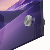 Close-up of a vibrant desert landscape acrylic artwork on glass, showcasing rich oranges and blues with intricate details, perfect for modern home decor.