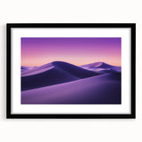 Framed landscape artwork depicting a serene desert scene with warm tones, featuring a stylish black mat and sleek frame, perfect for home decor enhancement.