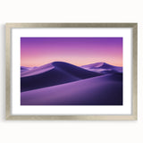 Desert landscape framed artwork in silver, featuring a serene sunset over sand dunes, perfect for enhancing home decor with a touch of natural beauty.
