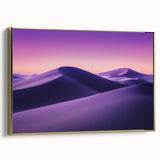 Framed canvas artwork showcasing a stunning desert landscape with golden hues, ideal for home decor. The side view highlights the elegant frame and vibrant colors.