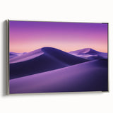 Framed canvas art depicting a serene desert landscape, showcasing warm sandy tones with silver accents, ideal for modern home decor and enhancing tranquil spaces.