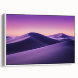 Framed canvas artwork depicting a serene desert landscape with soft orange and beige hues, showcasing rolling dunes and a clear blue sky, perfect for home decor.