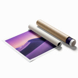 Desert landscape rolled canvas print showcasing vibrant orange and yellow hues of a sunset over sand dunes, elegantly packaged in a protective cardboard tube.