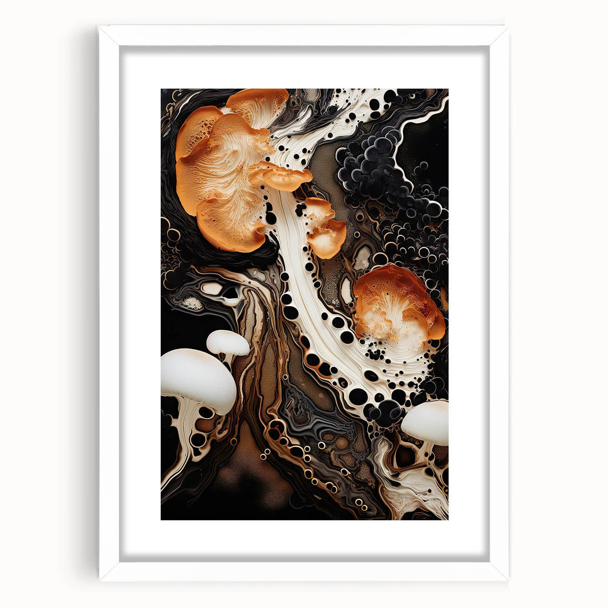 Abstract art print featuring close-up natural elements in neutral tones, framed with a white mat.