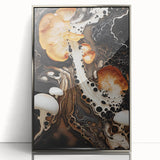 Mid-century modernist art featuring abstract natural elements in muted earth tones, silver-framed acrylic.