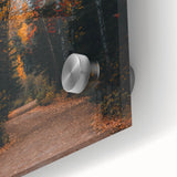 Large abstract wall art in warm autumn hues on acrylic glass, ideal for dining room ambiance.