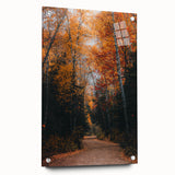 Large abstract wall art depicting fall seasons in warm orange and brown tones on acrylic glass, ideal for dining room decor.