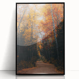 Large abstract wall art depicting fall colors in mid-century modernist style on a black framed acrylic.