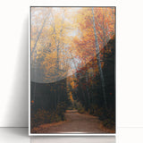 Art deco poster of autumn trees in muted orange and brown, framed acrylic, ideal for modern nursery wall art.