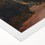 Art deco poster featuring an autumnal scene with warm orange and brown tones on rolled canvas.