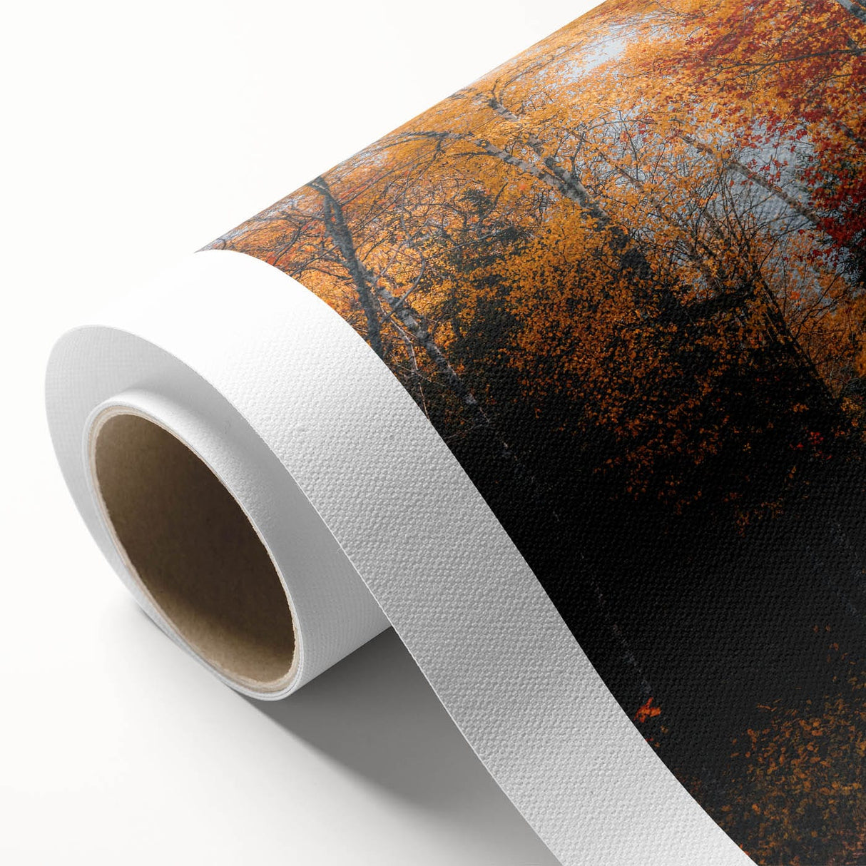 Art deco poster featuring autumnal trees in orange and brown hues on rolled canvas, suitable for nursery wall art.