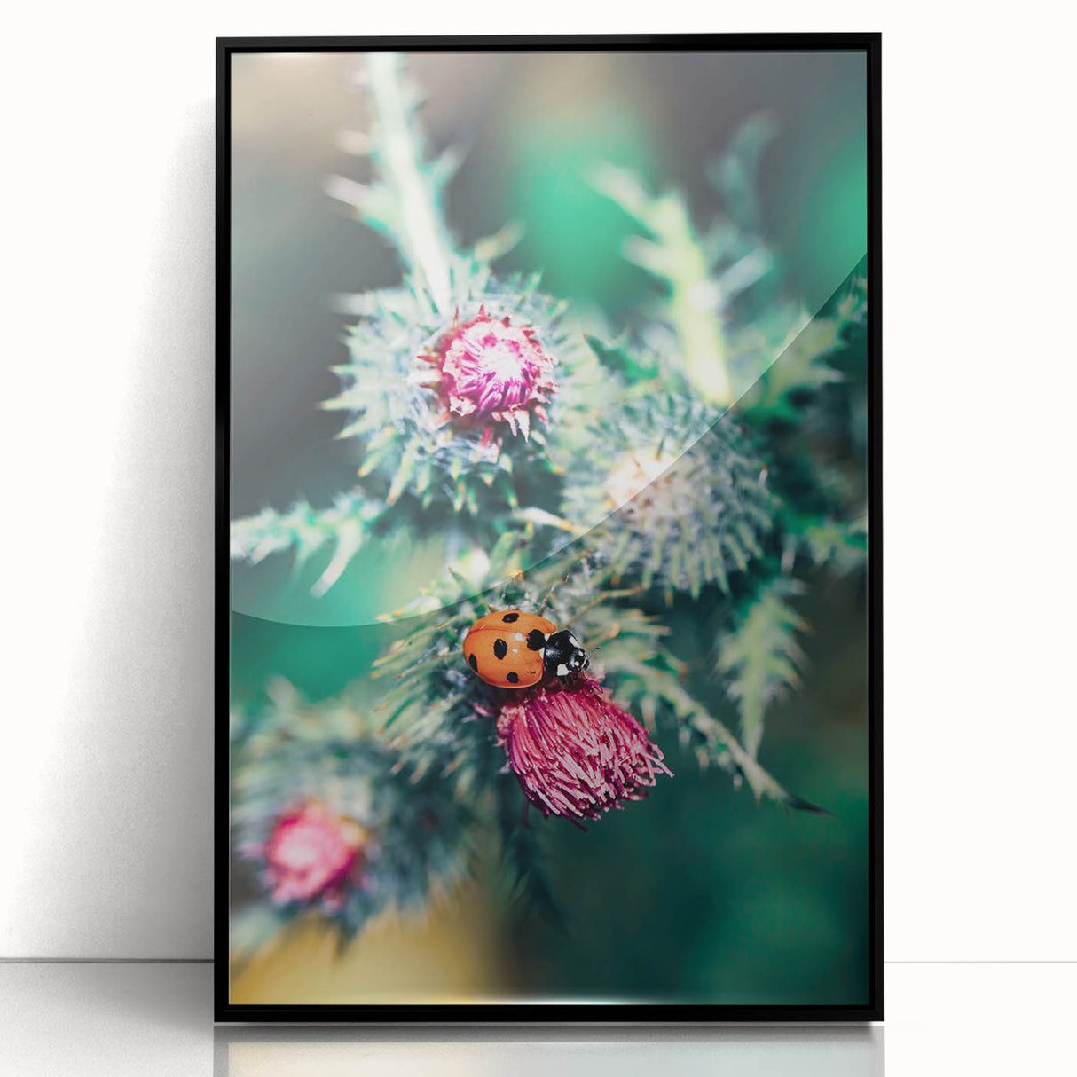 Large abstract wall art depicting spring themes in vibrant green and yellow tones on a black framed acrylic print.