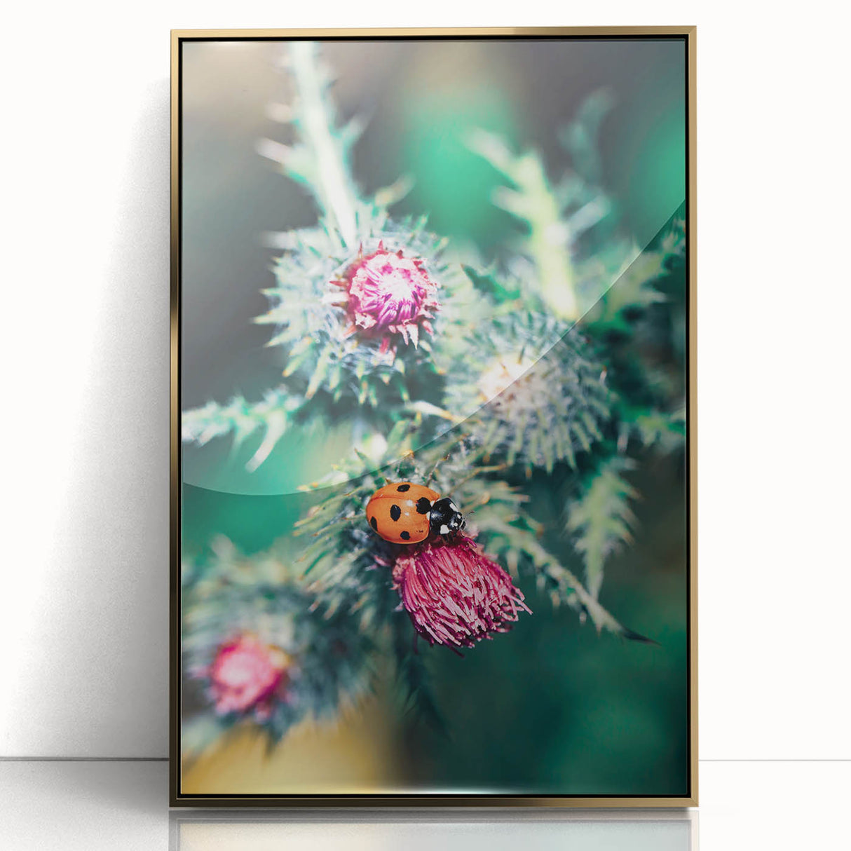 Large art print of a mid-century modernist spring scene in muted greens and yellows on acrylic, ideal for nursery wall art.