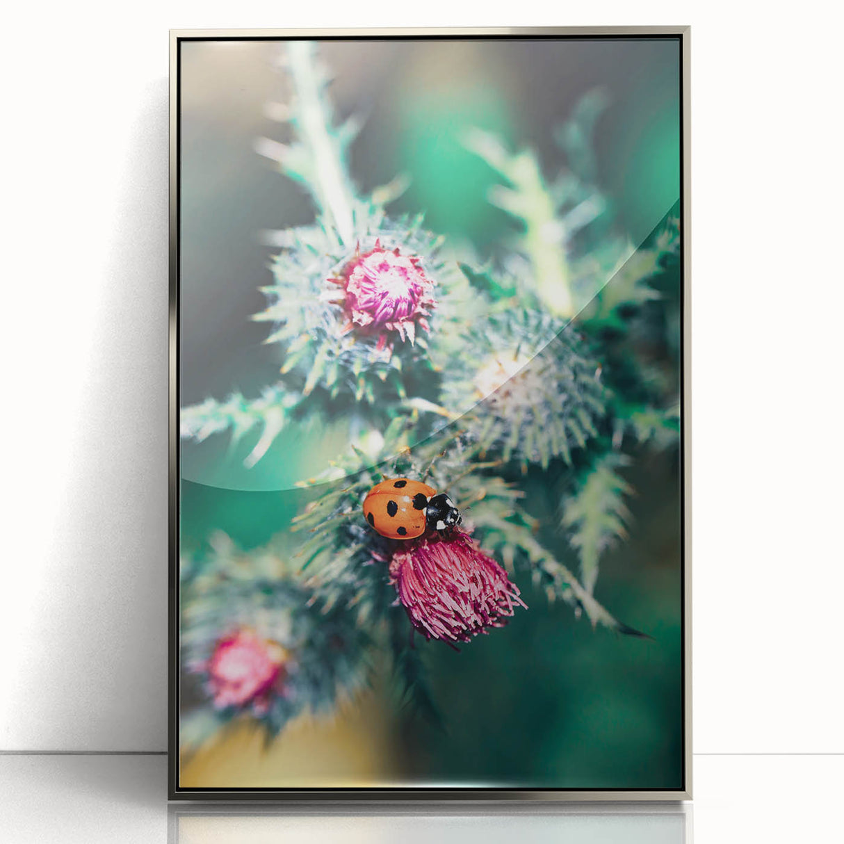 Mid-century modernist art depicting a spring scene in pastel shades, framed in silver acrylic, suitable for nursery wall art.